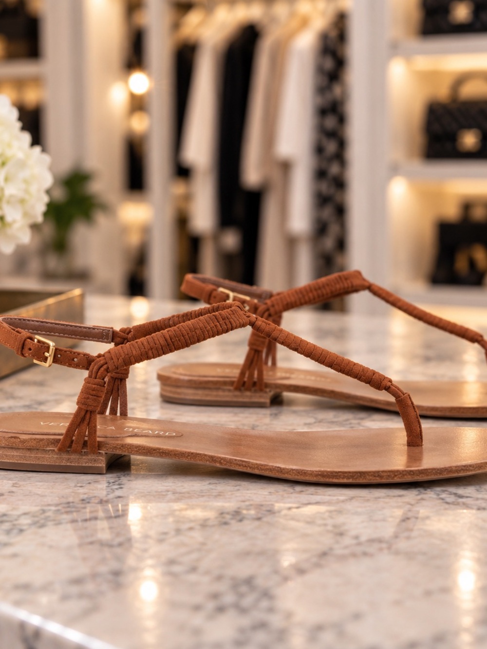Veronica Beard Amelia Caramel Suede T-Strap Thong Sandals Size 8 - Picture 5 of 6